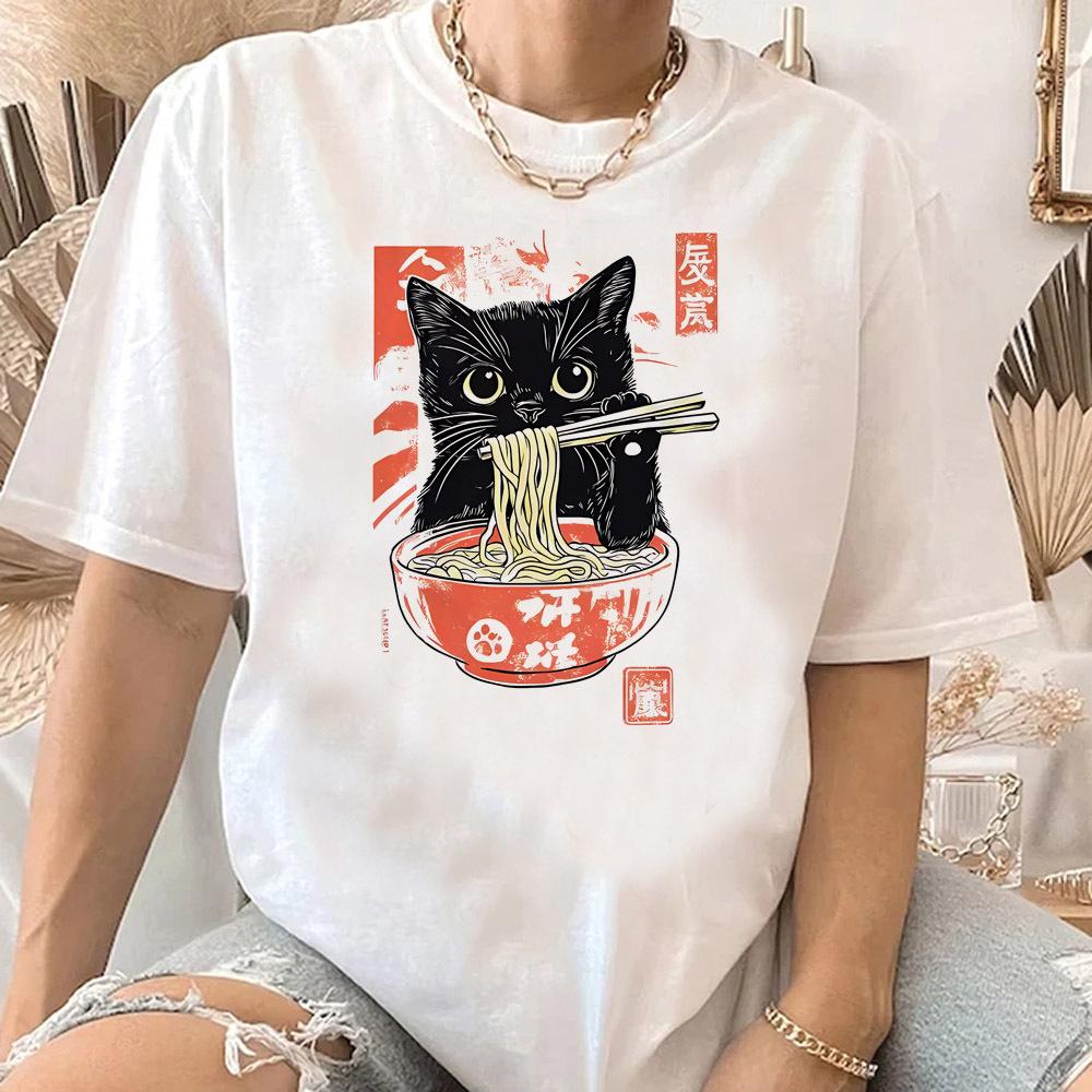 Nudel Ramen Katze Shirt Teen Popkultur Grafik Bequem Gothic Vintage Klassisch T-Shirt Damen 80er Bequem 2000er kawaii