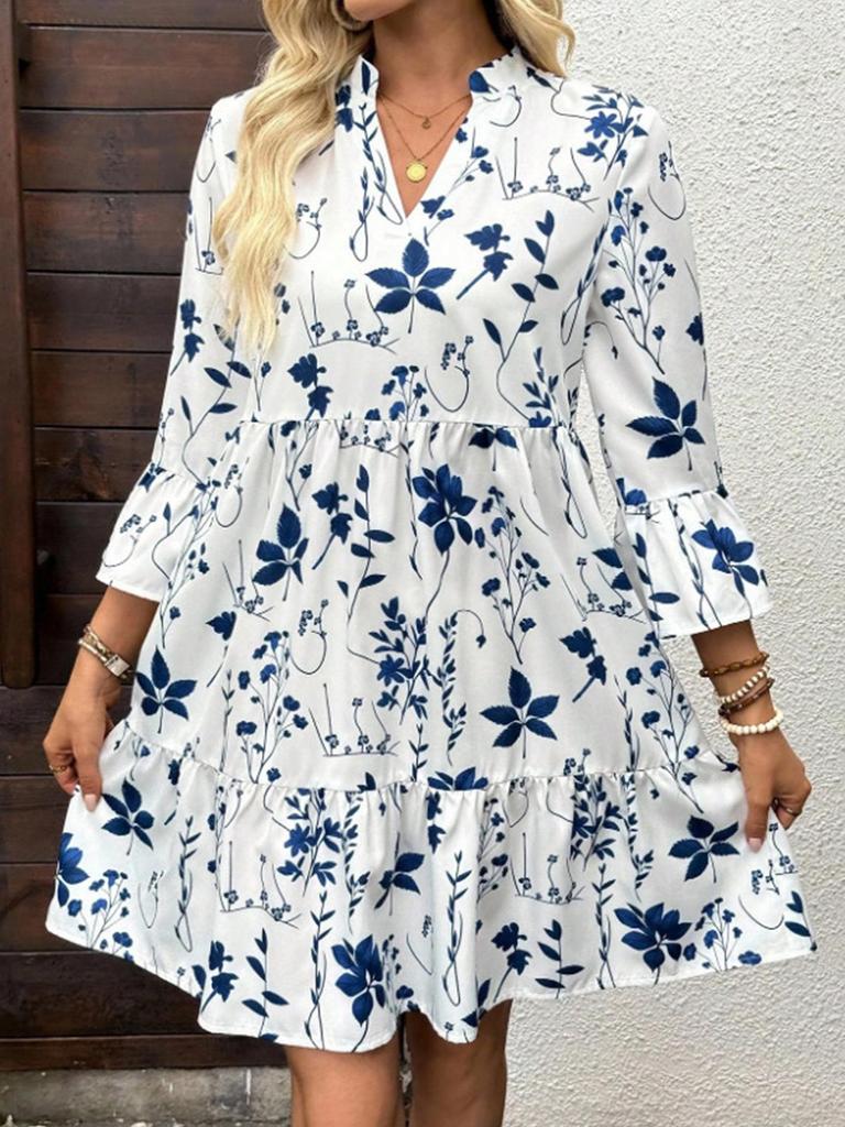 European & American Style Floral Bell Sleeve V-neck Midi Dress for Women