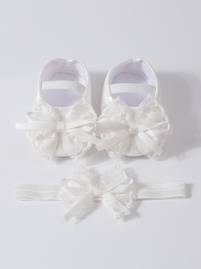 Elegant Lace Pearl Tulle Bow Baby Crib Shoes Matching Stretch Headband Set, Non-Slip Flexible Sole Toddler First Walkers Princess Outfit Accessory