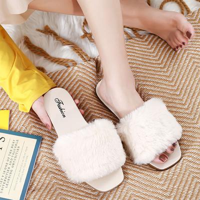Modische Pantoletten Flauschige Hausschuhe für Damen 2024 Weiß Fellig Fuzzy Offene Zehen Flach Damen Hausschuhe Sommer Korea Stil Neu 39