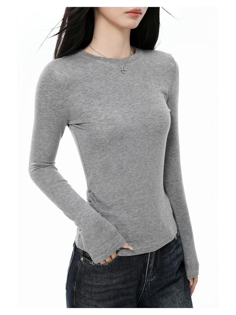 Women's Gray Slim-Fit Long-Sleeve T-Shirt: Korean Style, Autumn/Winter Base Layer