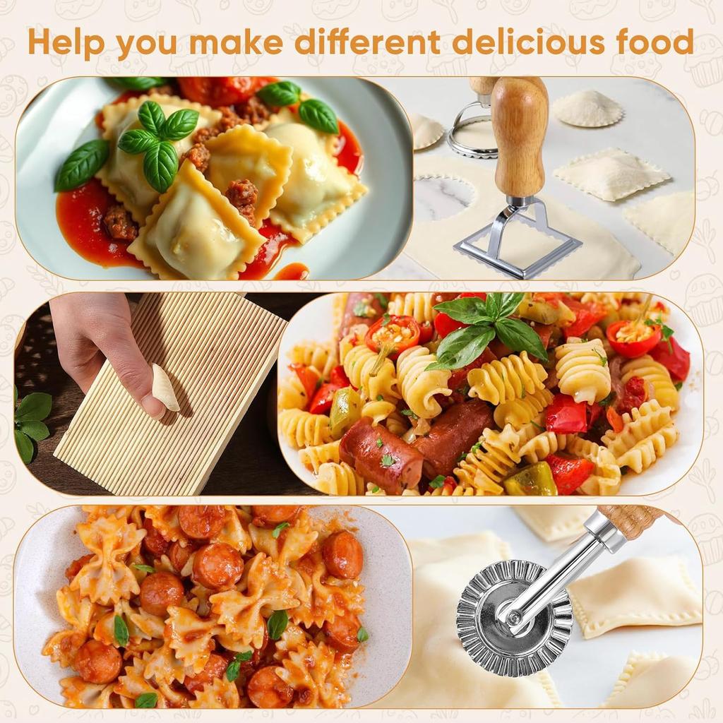 Pastamaker Set 10 Delen, Houten Pastamaker Gereedschap met Deegroller & Plank, Ravioli Stempel en Dumpling Ravioli Vorm Kit voor Italiaanse Pasta, Ravioli
