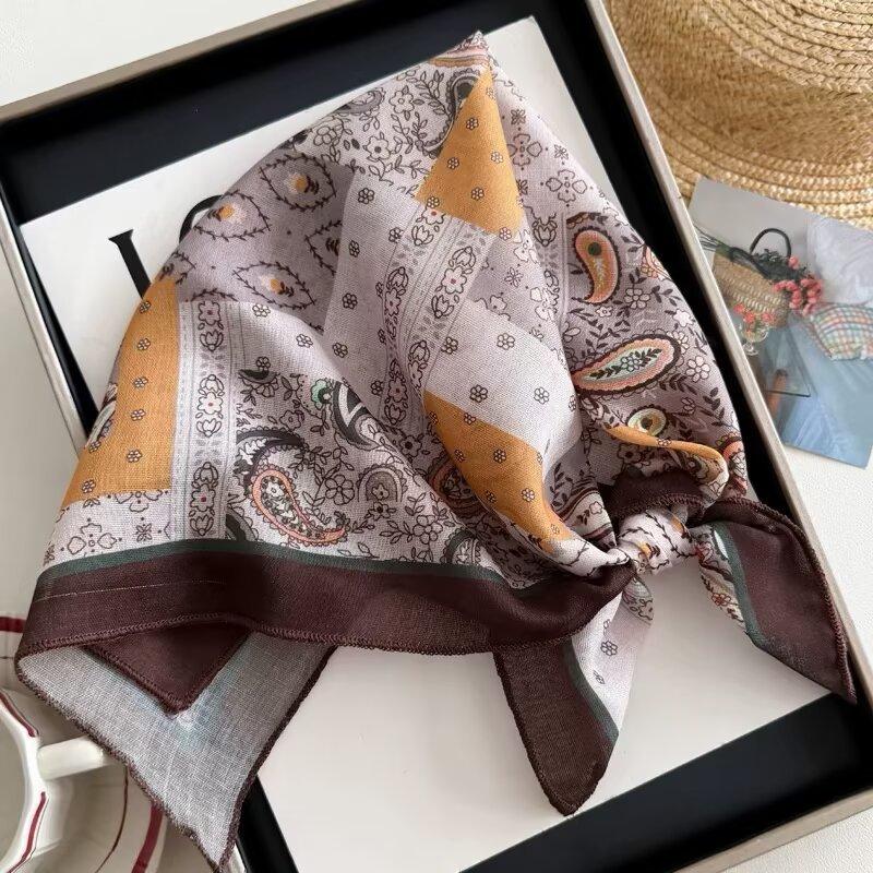 Cotton and linen geometric polka dots retro printed silk scarf women's square scarf high-end shawl sunscreen neck scarf headscarf scarf