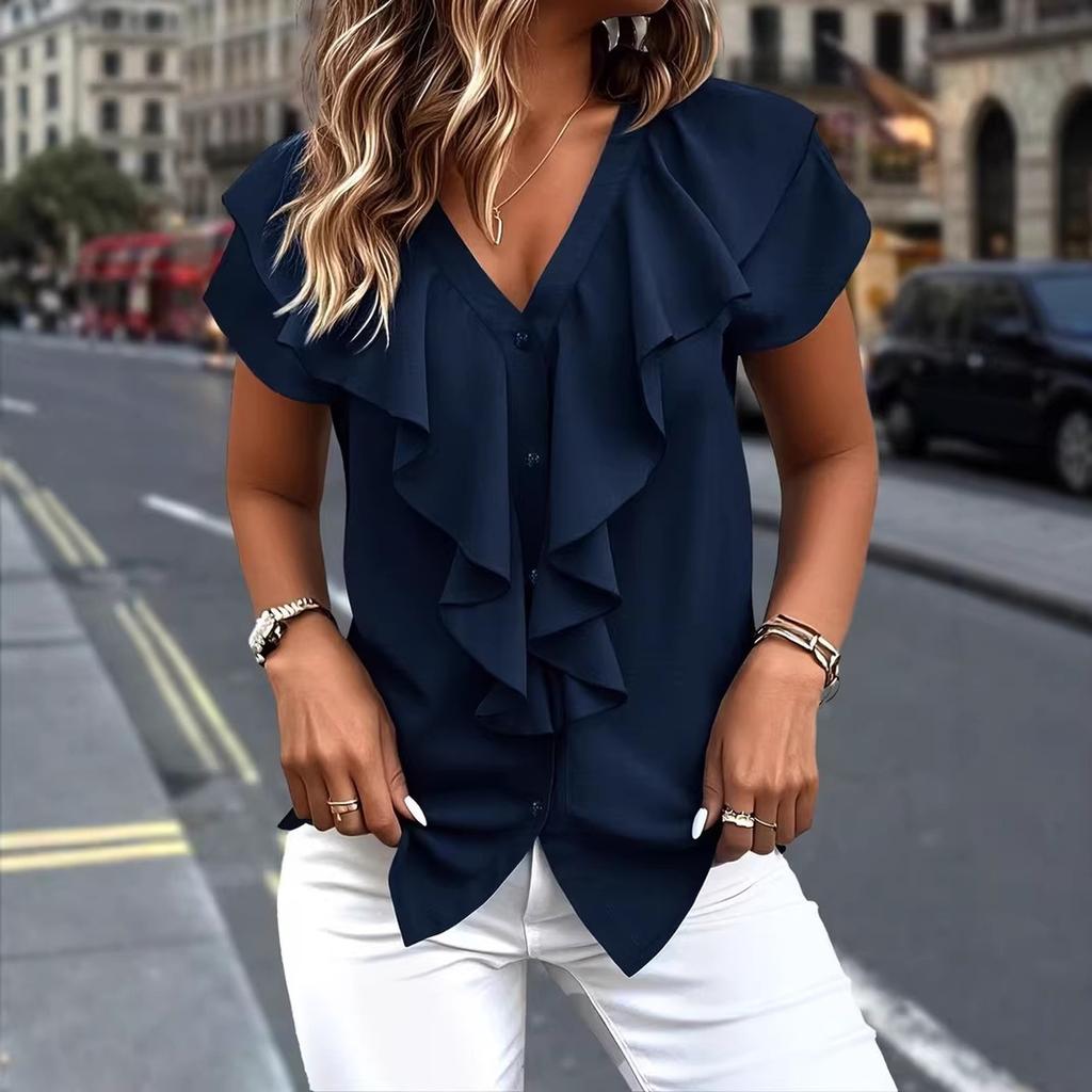 Módní dámská šifonová košile s véčkovým výstřihem, volánky a krátkým rukávem, dámská letní top s temperamentem pro dojíždění, barevný