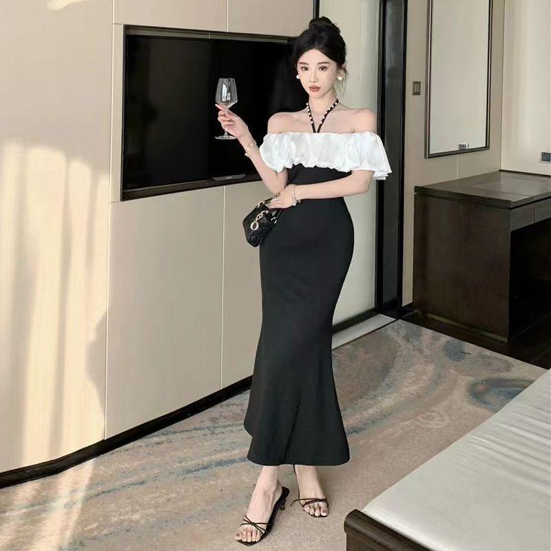Hepburn Elegance: French-Style One-Shoulder Fishtail Halterneck Evening Gown S
