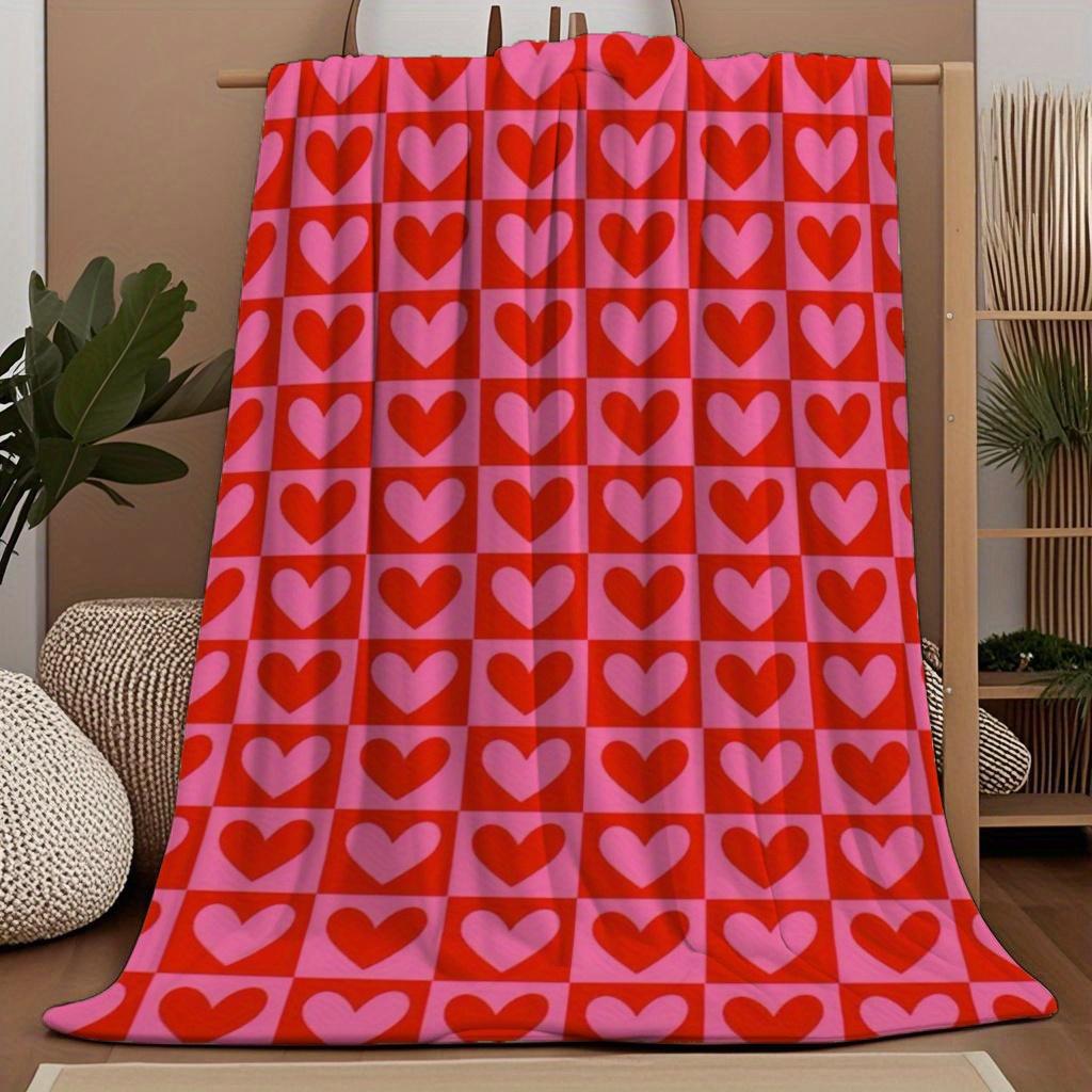 Red and Pink Heart and Plaid Print Flannel Throw Blanket Soft Warm and Cozy for Couch Bed Office or Camping All-Season Use