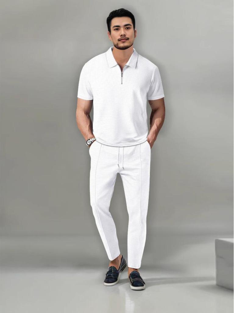 2023 Autumn Men's Solid Color Waffle Lapel Short Sleeve Zipper Suit