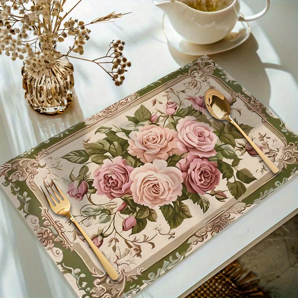French Luxury Rococo Floral Plant Heat Resistant Washable Table Placemats Kitchen Dining Decor 4 Piece Set