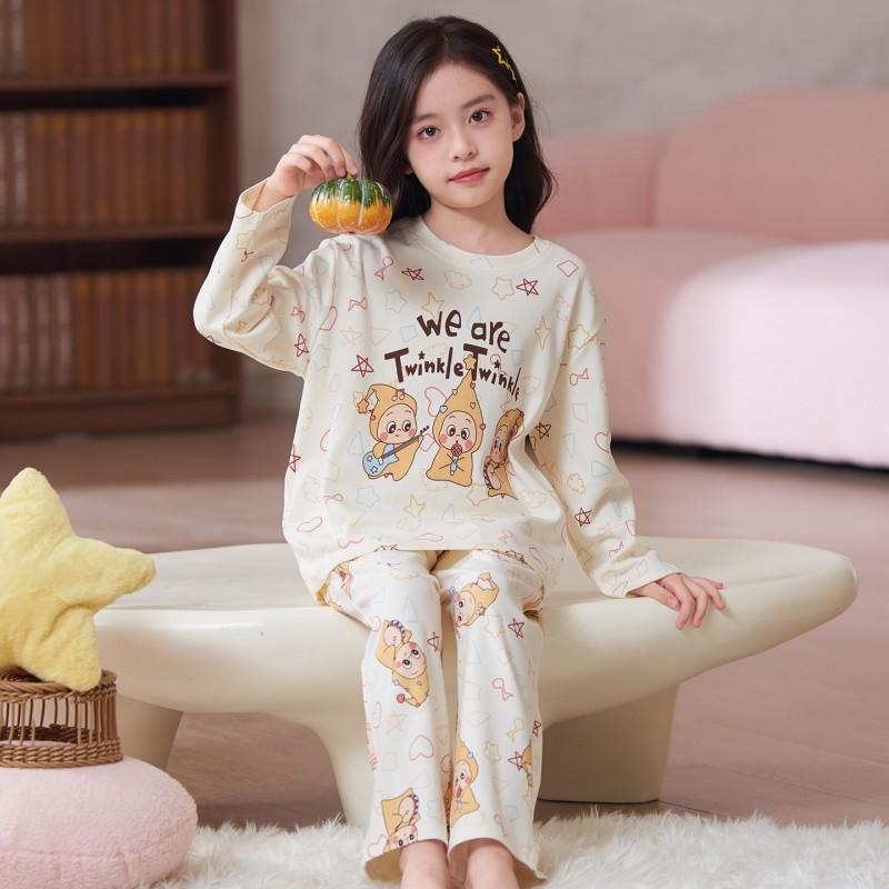 100% Cotton Girls Long Sleeve Pajama Set Cartoon Print Comfortable Home Wear Kids Ages 8