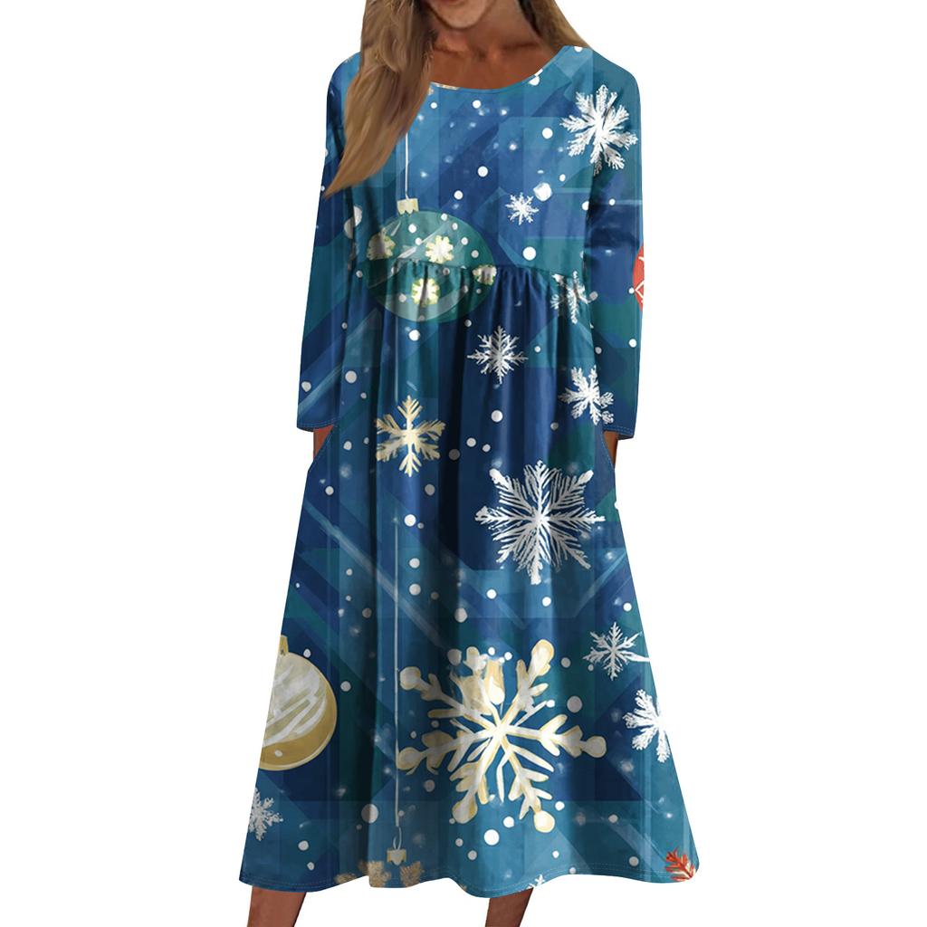 Women's Casual Crew-neck Christmas Print Mid-length Dress Long-sleeved Dress With Pocket