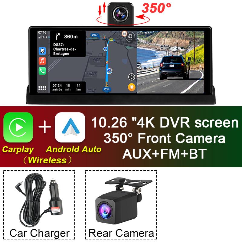 10.26"  Car DVR 4K Camera Wireless Carplay Android Auto Ai Screen Dashboard Dash Cam Dual Len GPS Navigation Video Recorder AUX