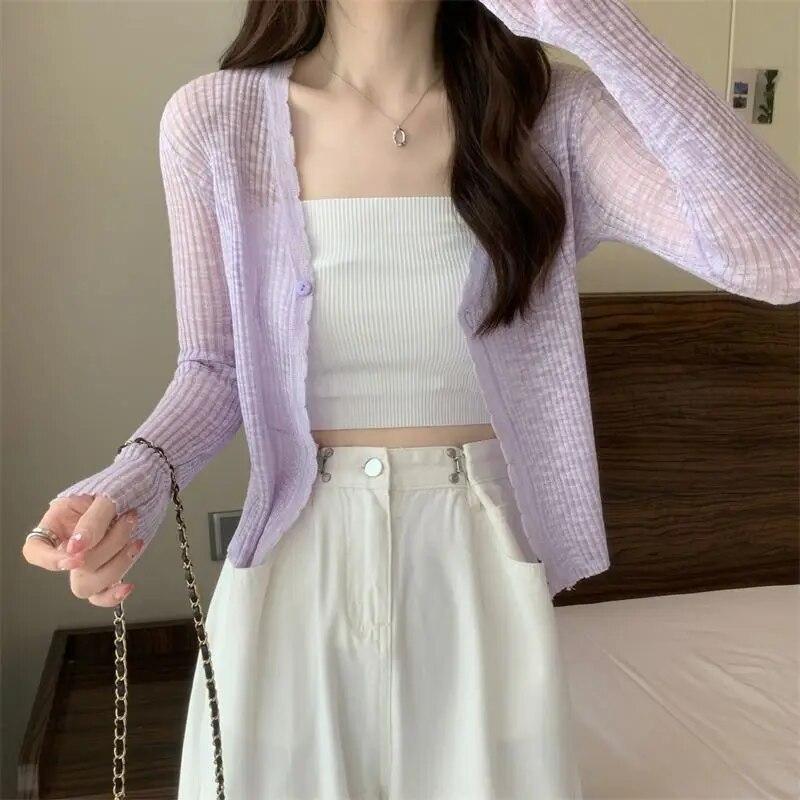 Cardigan sottile in seta di ghiaccio corto bianco da donna manica lunga lavorato a maglia protezione solare slim crop top Kintwear nuova moda semplice casual primavera estate