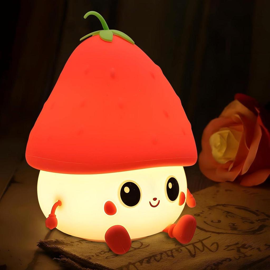 Strawberry Silicone Night Lamp for Kids – Cute Rechargeable LED Light with Tap Control & 8 Color Modes | Soft Touch Nursery Lamp