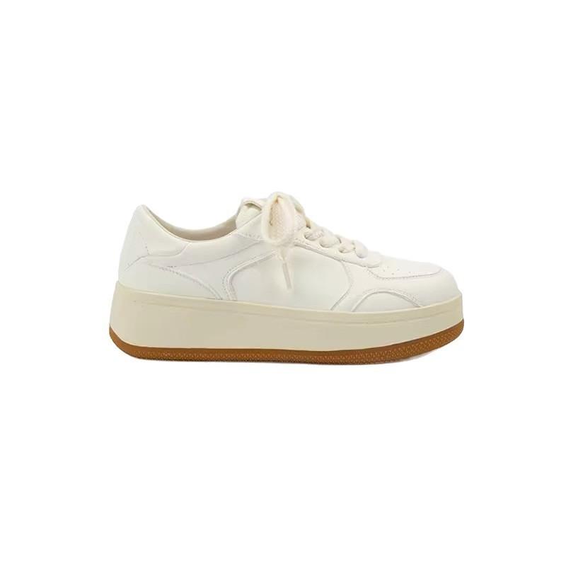 Womens Chunky Sole White Sneakers With 5cm Platform Height Round Toe Lace-Up Casual Shoes Daily Wear