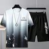 2Pcs/Set O-Neck Short Sleeve Elastic Waistband Casual Outfit Pockets Ice Silk Men Gradient Color Letter Print T-shirt Wide Leg Shorts Set Streetwear