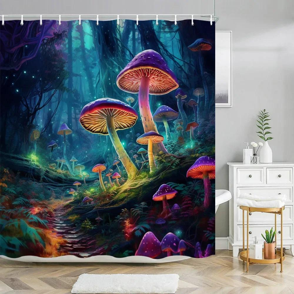 Fantasy Mushroom Shower Curtains Fairy Forest Tree Gothic Panel Jungle Green Zen River Bathroom Decor Shower Curtain With Hooks