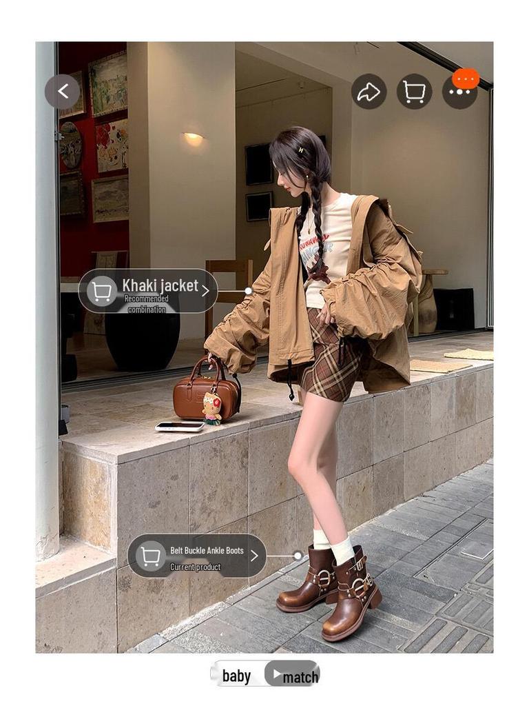 Women's Chunky Heel Belt Buckle Martin Boots - Brown Western Cowboy Ankle Boots, 2025 Punk Rider Vintage Style