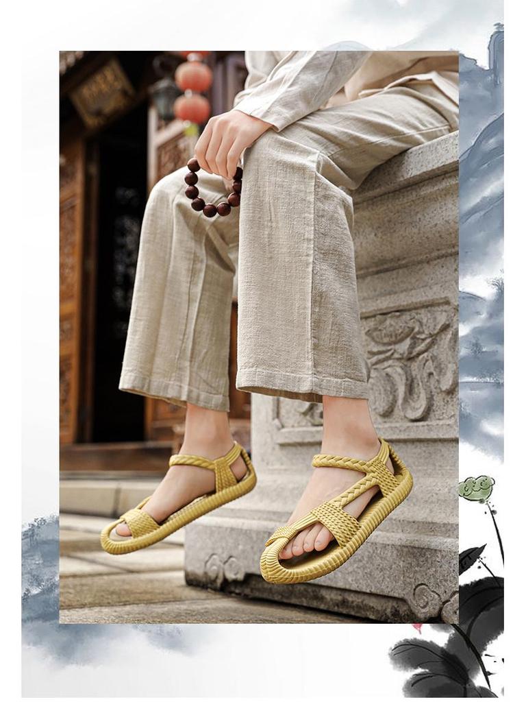 Men's Large Size Woven Straw Sandals, Summer Beach Crossover Style, Sizes 36-47