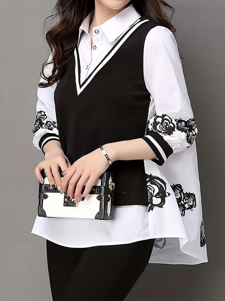 2 In 1 Button Front Blouse, Elegant 3/4 Sleeve Blouse for Spring & Fall, Women's Clothing