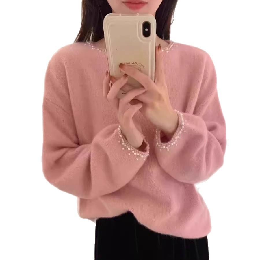 Arctic velvet, heavy industry solid color beaded imitation wool crew neck knitted sweater for women's autumn and winter gentle wind inside