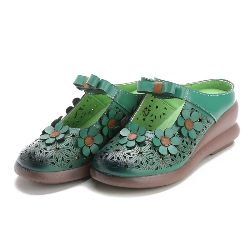 New Summer Top Layer Cowhide Sponge Soles Women's Shoes for Women's National Style Genuine Leather Flowers Slippers Breathable