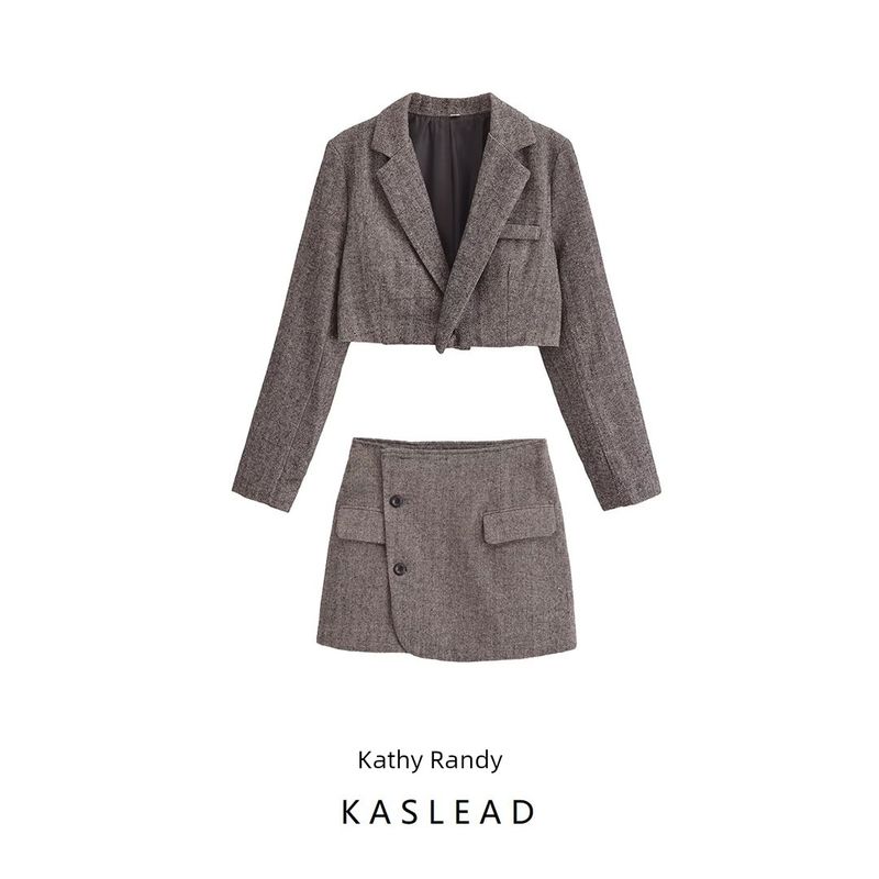 Kaslead New Arrival Women's Clothing Fashion Style Fashion Minimalist One Button Short Gray Suit Skirt Suit
