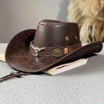 Chapeau de Cowboy Style Vintage avec Boucle Tête de Taureau et Détails Rivetés - Bord Large, Chapeau Jazz en Faux Cuir pour Hommes et Femmes, Léger, Durable