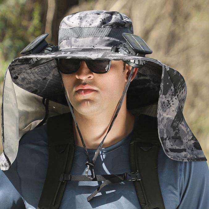 Men's Summer Outdoor Fan Hat, Rechargeable High-Wind Sun Hat Wide Brim UV Protection Hiking Bucket Hat