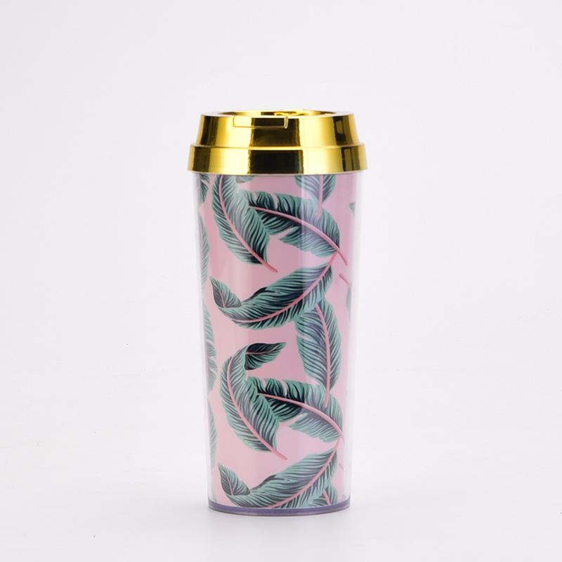 Double Layer Thickened Coffee Cup Insert Card Flower 16Oz Plastic Water Cup Heat Insulation Portable Water Cup