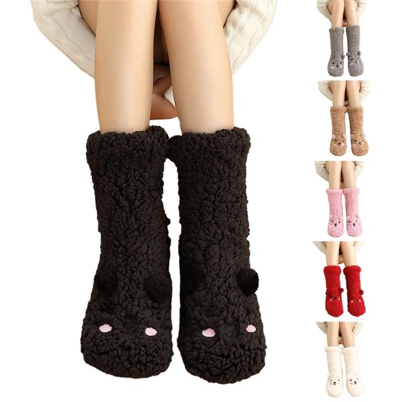 Women Winter Cute Bear Embroidery Fuzzy Slipper Socks Non Slip Warm Socks with Grips Furry Plush Sock for Home Sleeping