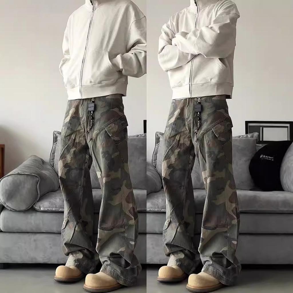 Amerikanische High-Street-Trendmarke Retro-Mode vielseitig lockere gerade schräge Tasche Camouflage-Latzhose Freizeithose Herren Frühjahrs- und Herbstmodelle