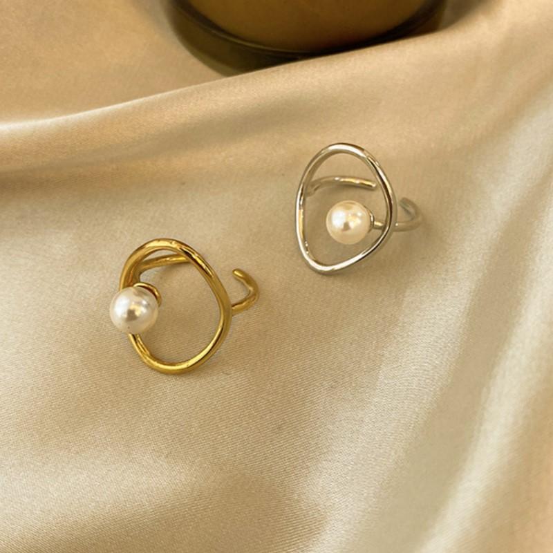 Geometric Hollow Simulated-pearl Ring for Women Silver Simple Line Open Rings Jewelry Accessory