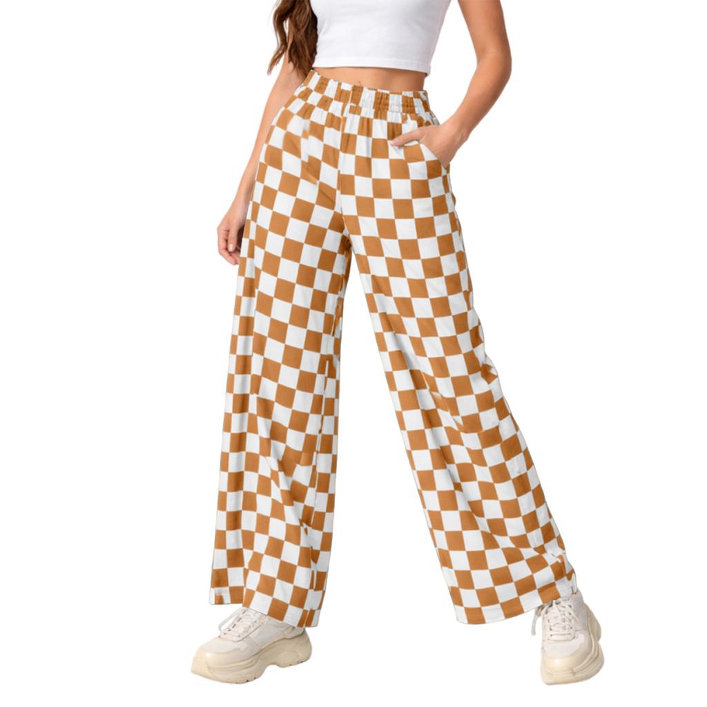 Women's Casual Wide Leg Checkered Pants, High-Waist Elastic Waist, Loose Comfy Trousers With Side Pockets