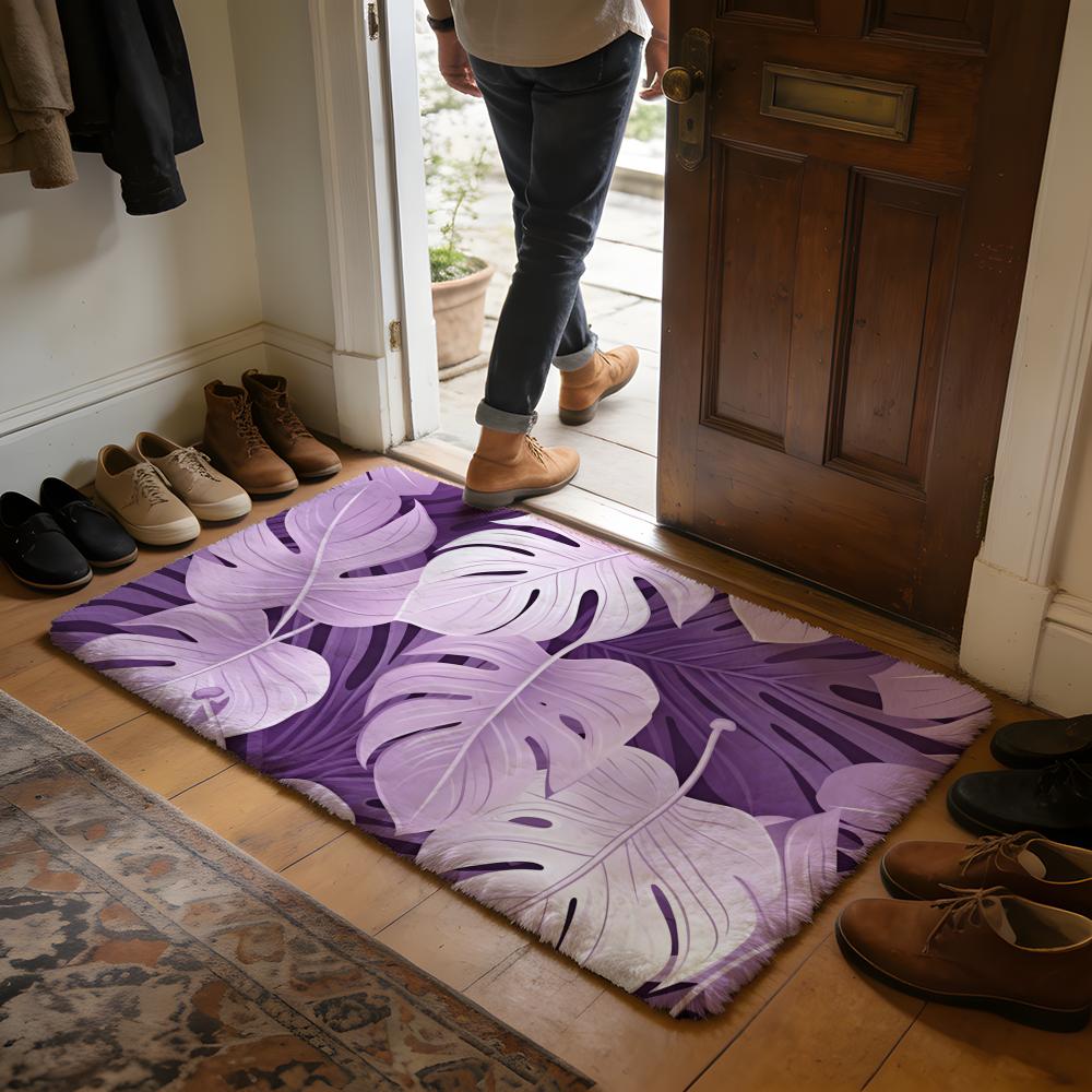 Purple Tropical Leaves Floor Mat Soft Flannel Absorbent Mat Non-Slip Rug Home Bedroom Bathroom