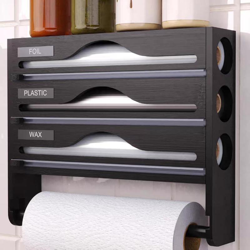 Wooden Wall-mounted Plastic Wrap Cutter, Multi-grid Kitchen Cutting Box, Slitting Tin Foil, Simple Storage Box