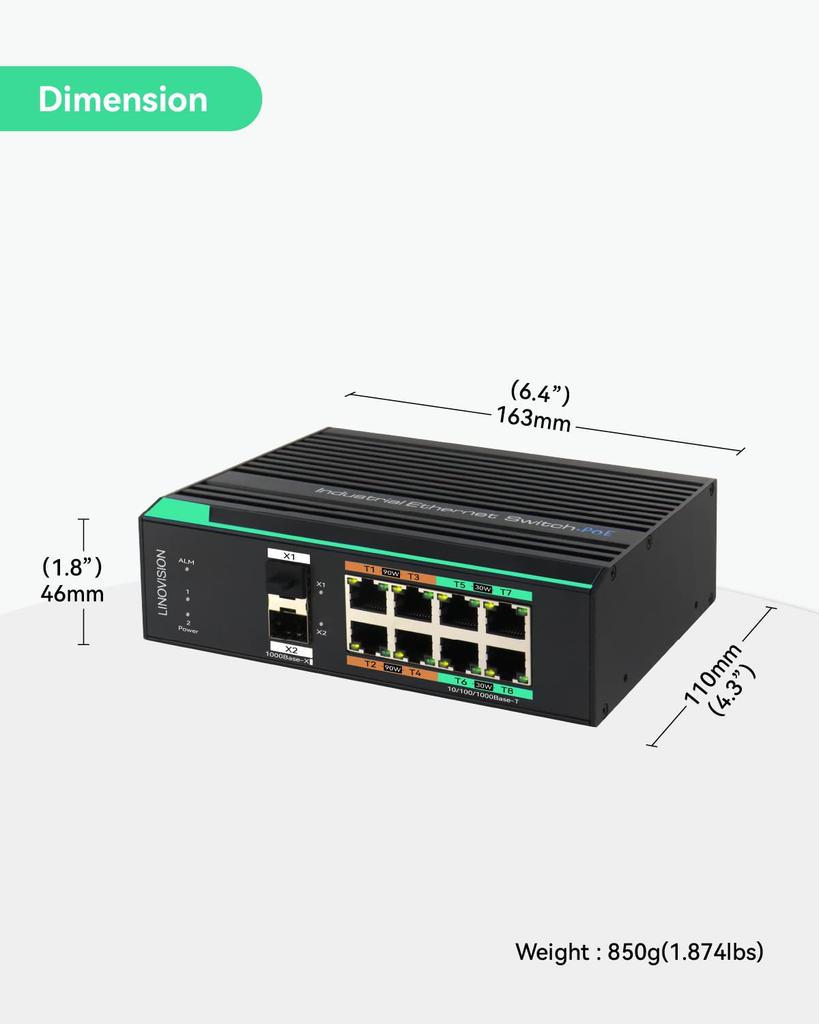 LINOVISION 1000Mbps L2 Management BT90W Total POE Budget Support Industrial Design 8-port POE, Switch, 2-port 1G/2.5GSFP, 4-port POE, 360W, 2-layer