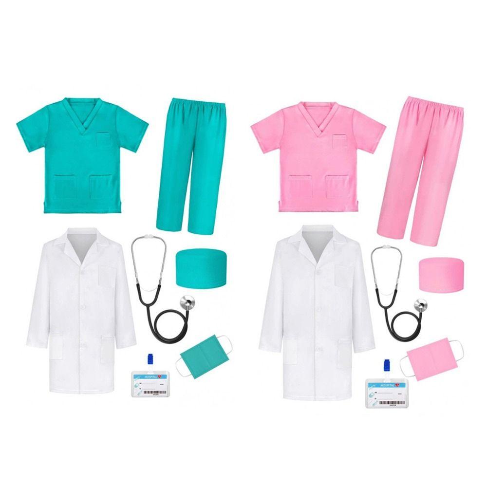 7PCS V Neck Surgical Children Doctor Costume Set Surgical Suit Doctor Nurse Cosplay Scrubs with Stethoscope Nurse Costume Set