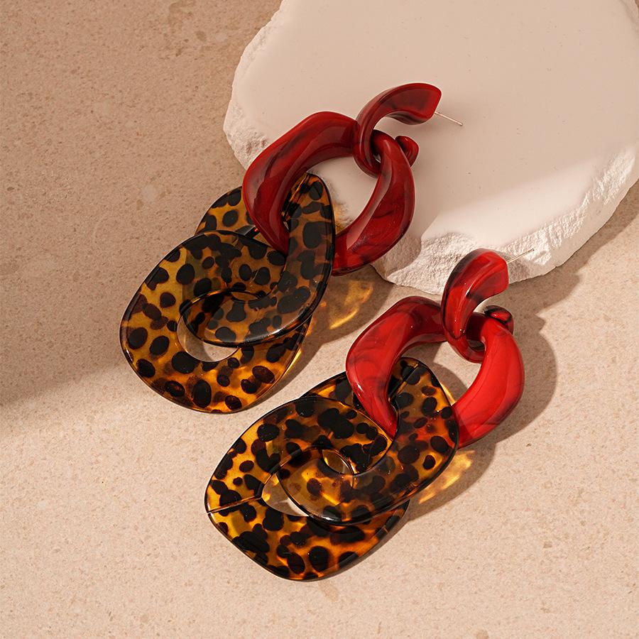 Boucles d'oreilles géométriques exagérées à imprimé léopard - Acrylique unique à blocs de couleurs avec design aiguille en argent pour femmes