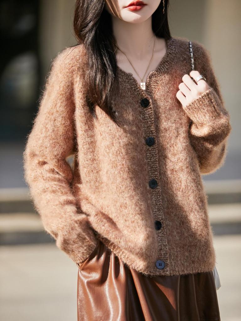 Women's Wool Blend Heathered Cardigan - Retro, Loose Fit, Versatile Outerwear for Autumn/Winter