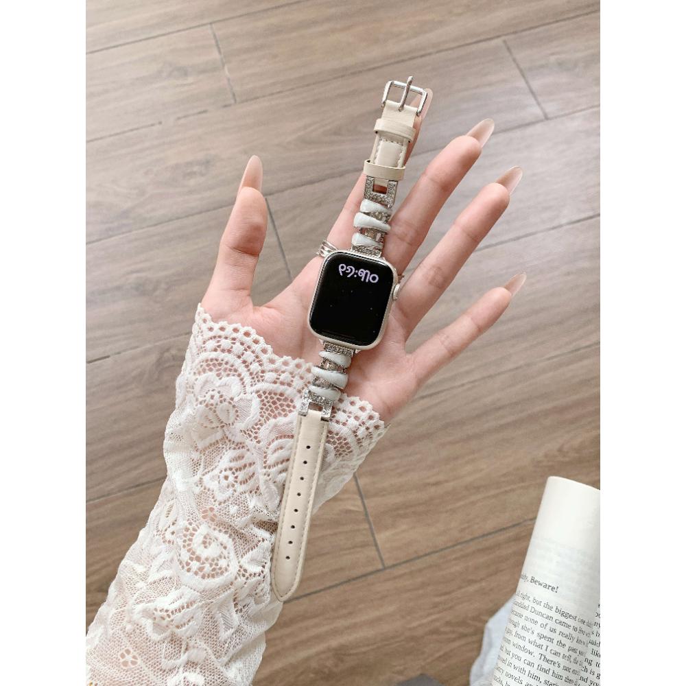 Women Metal Leather Watch Band for Apple Watch Series Ultra 11/10/9/8/7 SE Splice Leather Strap for 38 40/41/42/44/45/46/49mm Replacement Bracelet
