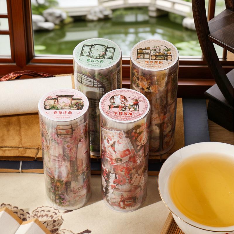 1 Roll Chinese Style Courtyard Washi Tape, Vintage Pavilion Decor Tape, Journal DIY Collage Material, Notebook Creative Sticker