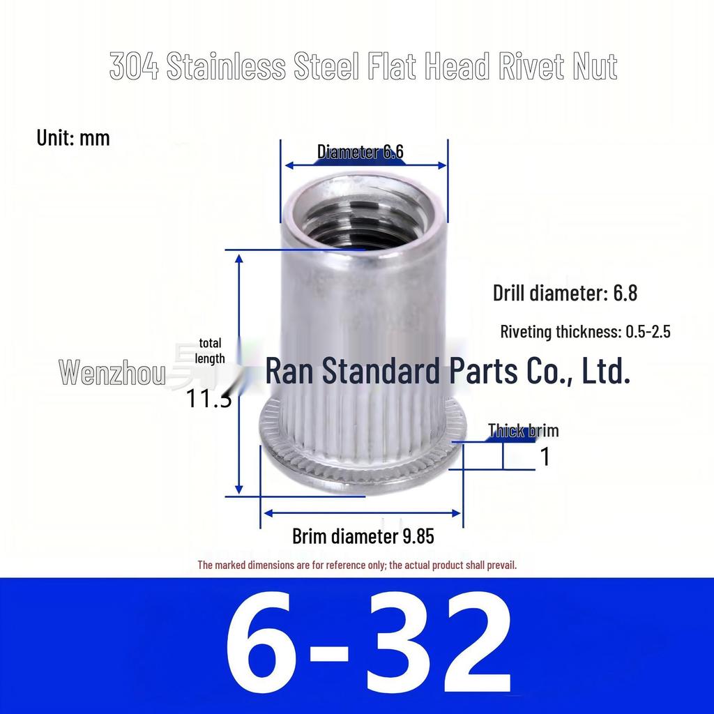 304 Stainless Steel Knurled Flat Head Rivet Nut with Vertical Ribs