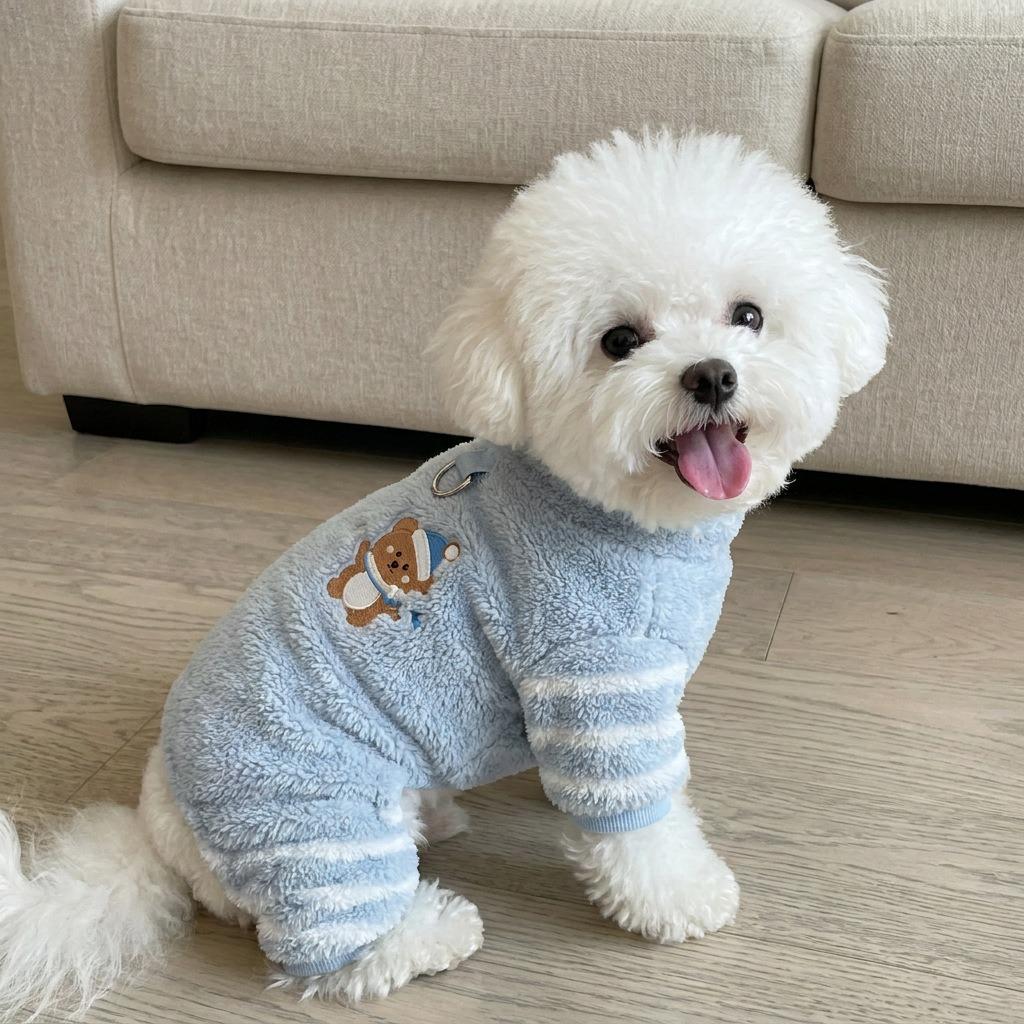 Cartoon Patch Maltese Cotton Coat, Winter Four-Legged Dog Clothes, Striped Warm Jumpsuit for Small & Medium Dogs, Pet Outfit wit