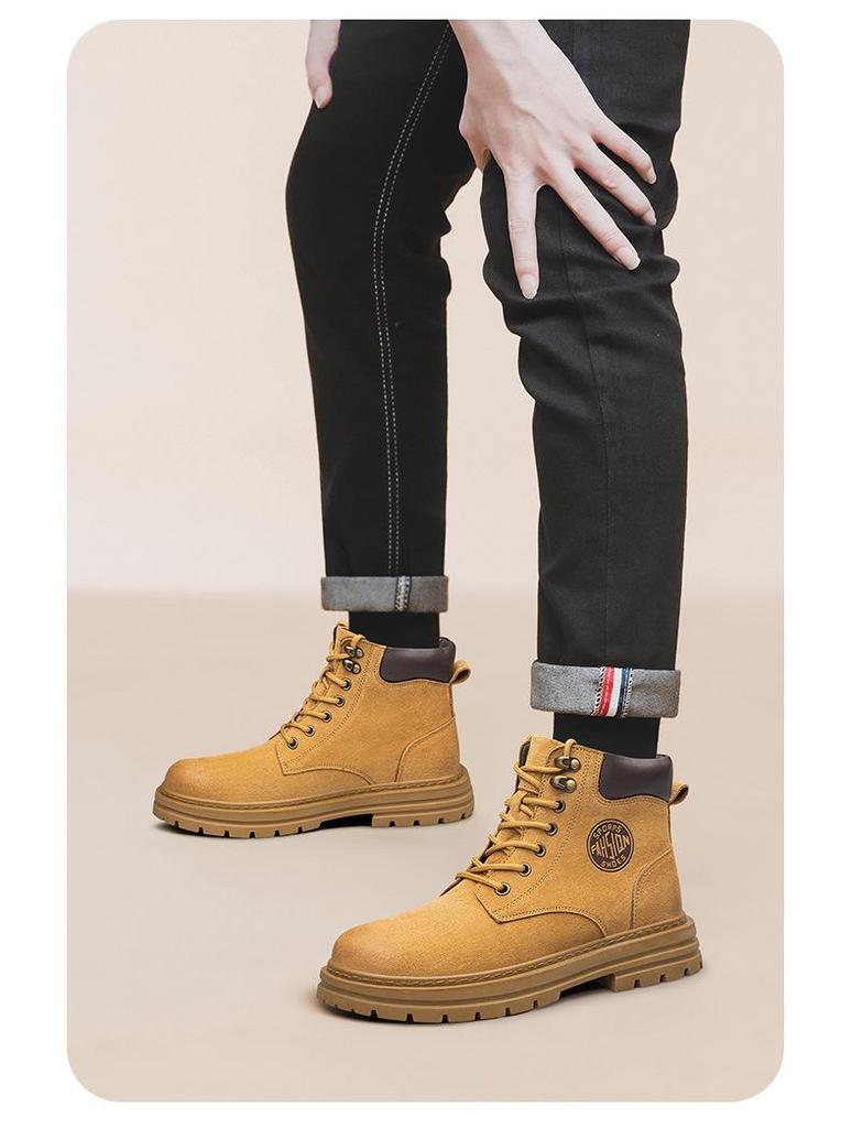 Men's Large Size Winter Genuine Leather Martin Boots, Thick Sole, High-Top, Outdoor, Plus Velvet, Yellow Work Boots.