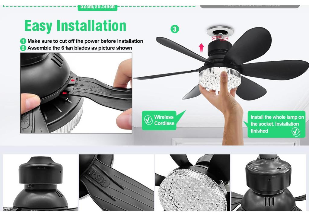 E27 Crystal Ceiling Fan Light with Remote Control - LED Six-Blade for Bedrooms
