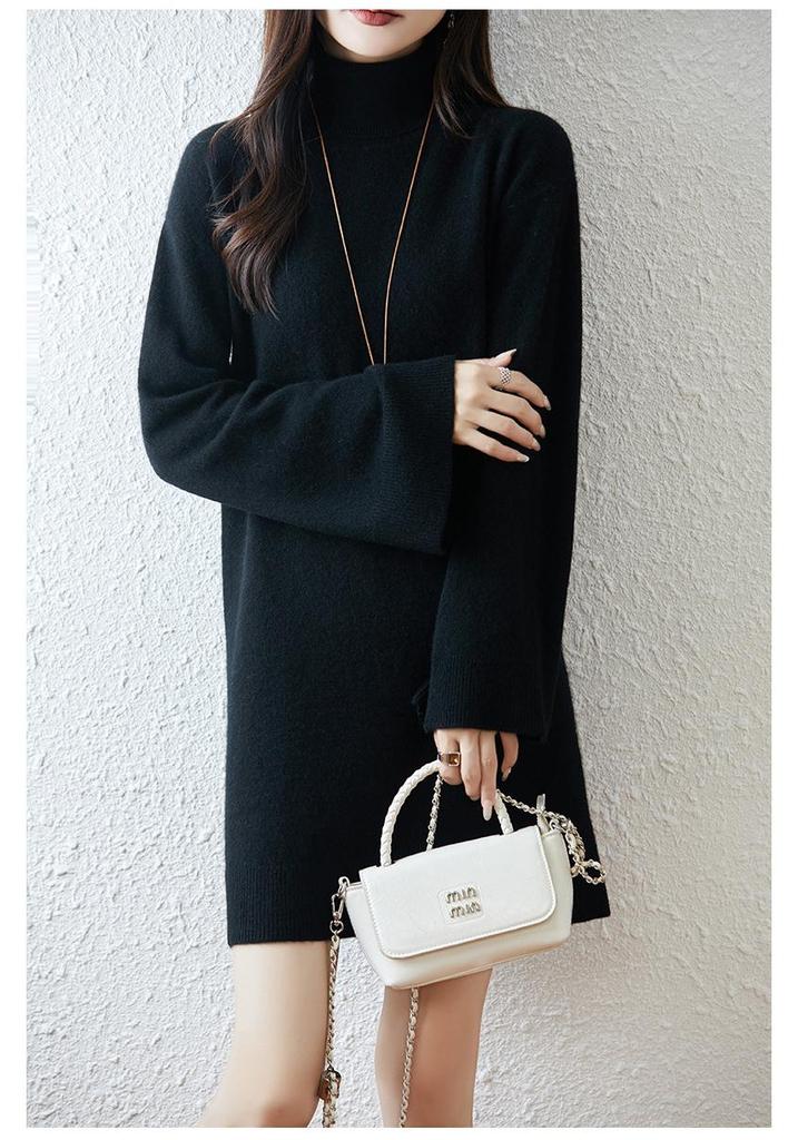 Women's 100% Pure Wool High Neck Dress - Loose, Bell Sleeves, Long Sweater Skirt for Autumn and Winter