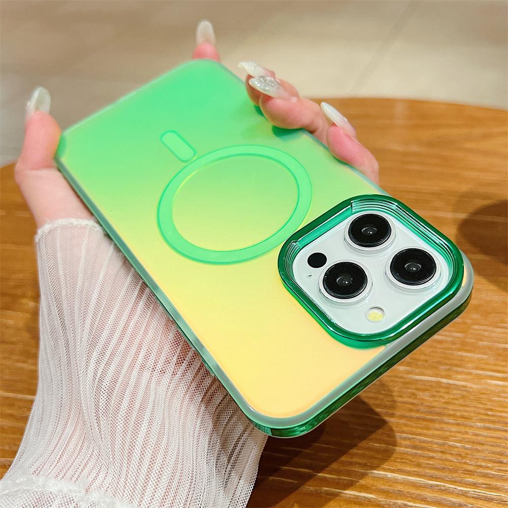 

Роскошный блестящий лазерный градиентный красочный магнитный чехол для Magsafe для iPhone 15 14 13 12 Pro Max беспроводной зарядный противоударный чехол For iPhone 13 ProMax зелёный