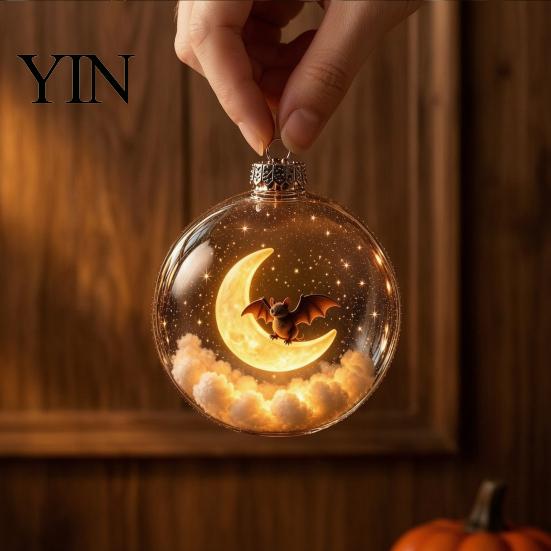 Halloween Hanging Ornaments Ball Ornament, Clear Sphere Decoration with Black Cat Bat Holiday Scene Window Pendants Skeleton, Festive Bauble for Home