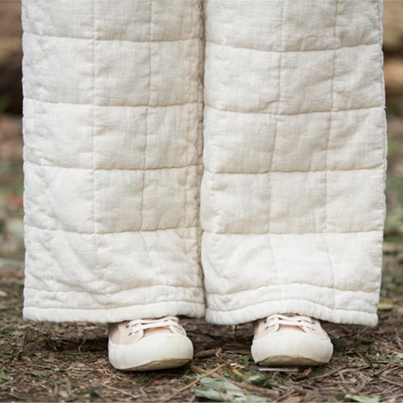 Johnature Women Vintage Winter Warm Straight Pants Elastic Waist Solid Color Pockets Chinese Style Pants