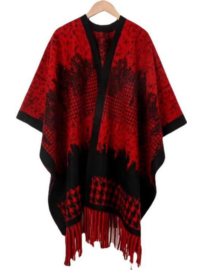 Elegant Ethnic Ink Painting Cape Shawl with Tassels - Versatile Travel Scarf Cloak